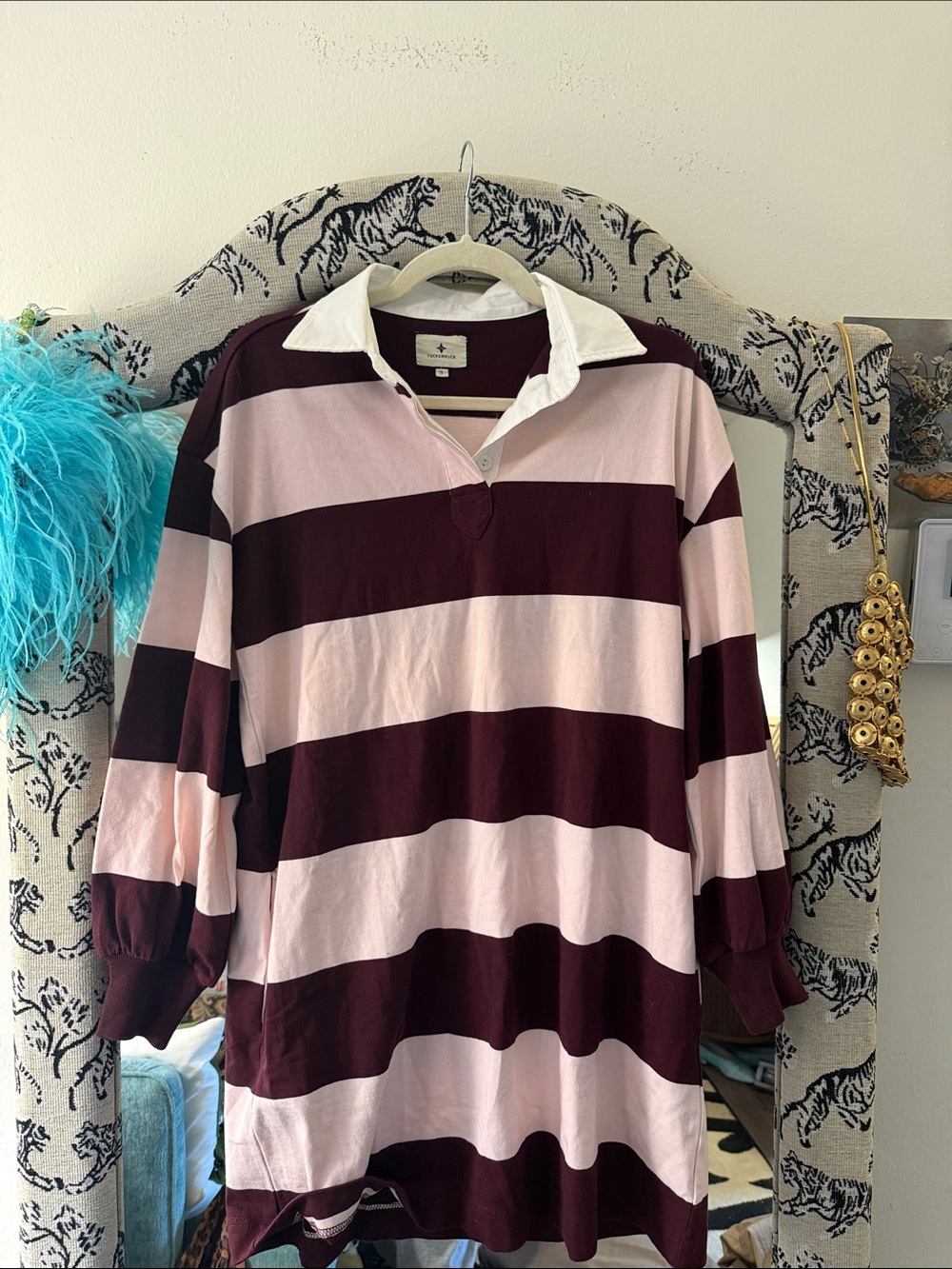 Tuckernuck Wide-Striped Rugby Polo dress in Pink and Burgundy with White Collar